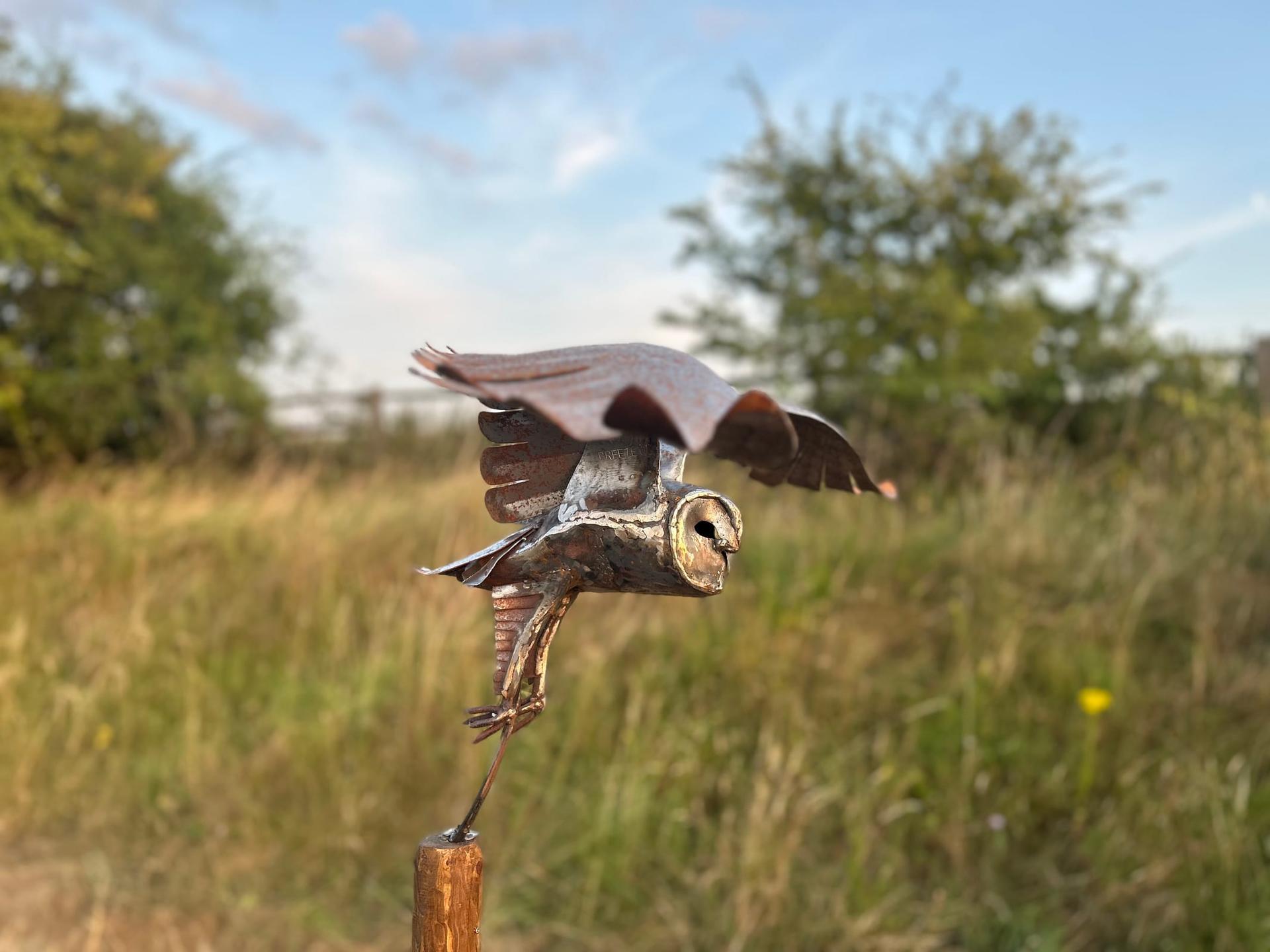 Barn owl sculpture in a summer meadow — Bunyan & Breeze