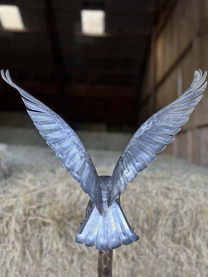 Steel barn owl sculpture seen from behind, wings raised in a V and tail fanned wide, in polished stainless steel, inside a barn with straw bales below.