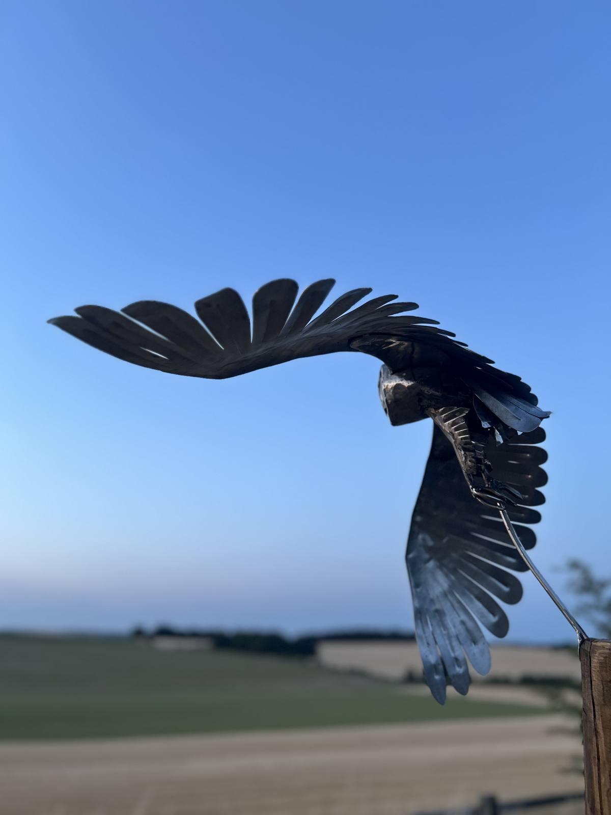 Flying barn owl steel sculpture against a dusk sky