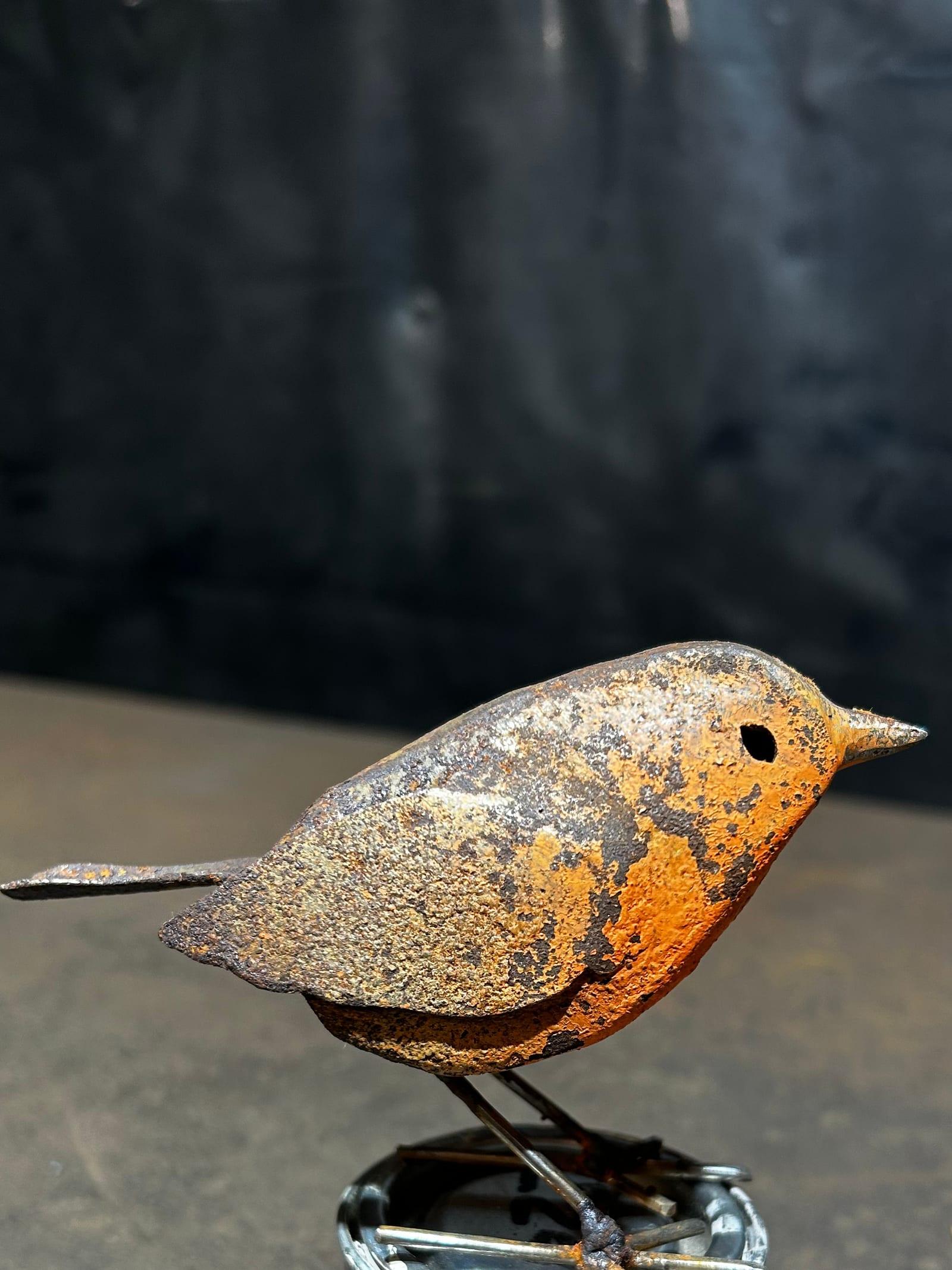 The robin in rusted mild steel, its breast picked out with a splash of red